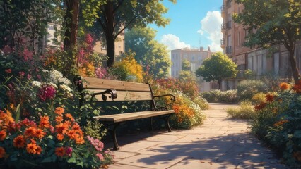 Serene park bench amidst vibrant flowers and lush greenery under a bright sky.