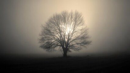 Ethereal light shines through a solitary bare tree in the morning fog.