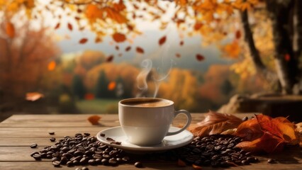 Steaming Coffee Cup on Wooden Table with Autumn Leaves and Scenic Fall Background.
