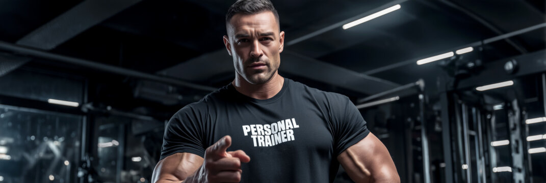Portrait of muscular male personal trainer in a modern dark gym, wearing a black shirt with PERSONAL TRAINER written in bold white letters, pointing at the camera with his index finger. Generative Ai. - Powered by Adobe