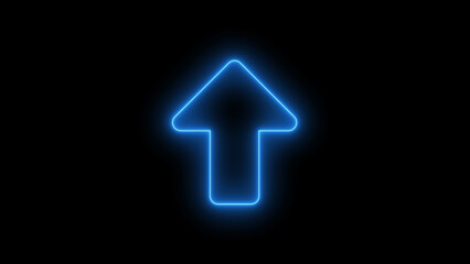 Blue neon glowing up arrow symbol, electric vibrant futuristic interface icon representing upload progress direction and positive concept, isolated on black background © rashida26