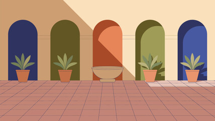 Fototapeta premium Illustration of courtyard with arched doorways plants in pots and a decorative bowl in the center