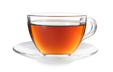Cup of aromatic black tea isolated on white