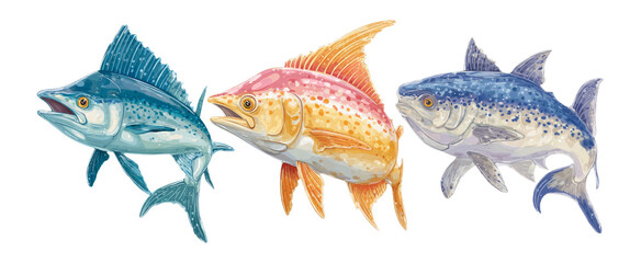 Naklejka premium Colorful Fish Trio with Distinct Features on Transparent Background