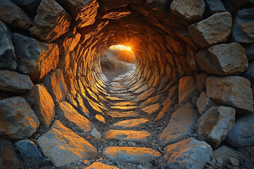 Stone tunnel with sunset light and rocky path.  Generative AI
