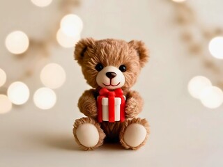 Teddy bear holding gift box with red ribbon on bokeh lights background, closeup and selective focus
