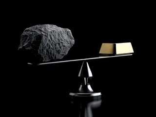 Gold bar and rare earth on a glossy metal scale isolated on black background