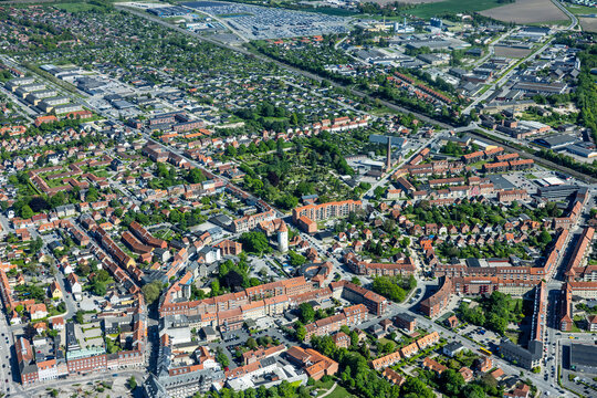 Aerial landscape foto of urban area in summer over northern Germany and Denmark.