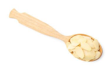 Fresh almond flakes in spoon isolated on white, top view