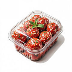 Packaged meatballs with a glossy finish and garnished with herbs for appealing presentation