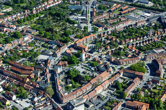 Aerial landscape foto of urban area in summer over northern Germany and Denmark.