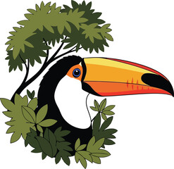 Cartoon Toucan Bird Peeking Through Lush Green Tropical Foliage on White Background jungle nature