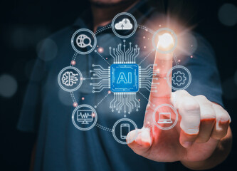 Futuristic AI Interaction: A Man Using Artificial Intelligence Technology to Communicate with a Smart Robot Through a Glowing Command Interface, Symbolizing the Next Era of Digital Transformation.