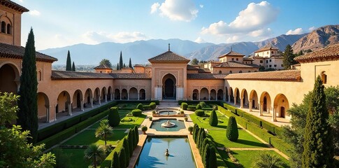Alhambra Palace Sunlit Moorish Architecture and Lush Gardens in Andalusia, Spain. A breathtaking display of Islamic artistry, showcasing intricate details and stunning views.
