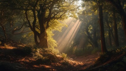 Sunlight streams through the forest canopy, illuminating the woodland path.