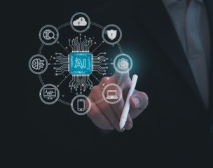 Futuristic AI Interaction: A Man Using Artificial Intelligence Technology to Communicate with a Smart Robot Through a Glowing Command Interface, Symbolizing the Next Era of Digital Transformation.