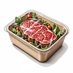 Raw beef steak garnished with herbs and tomatoes in container  