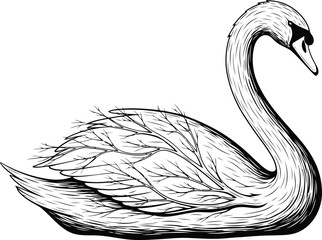 Elegant Black and White Illustration of a Swan with Intricate Branch-like Feather Details Keywords: swan, bird, waterfowl, elegant, graceful, majestic, nature, wildlife, illustration, black and