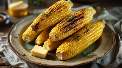 Summer barbecue grilled corn on the cob with melting butter.