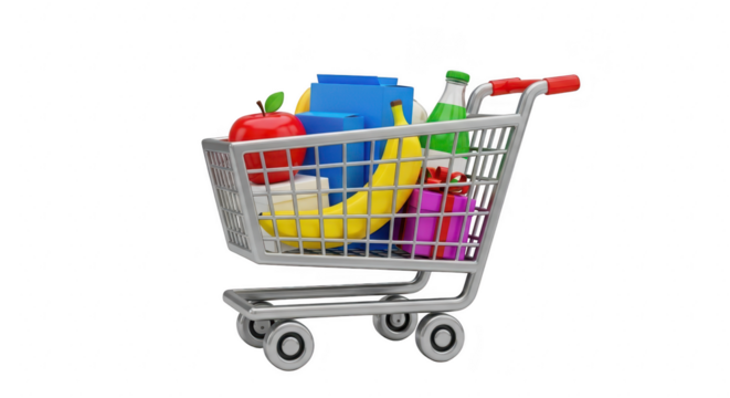 Shopping cart filled with fresh groceries isolated on transparent background, including fruits, vegetables, and other food items, ready for a healthy and convenient meal preparation
