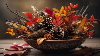Autumnal Bowl - A Festive Display of Pinecones and Colorful Leaves.