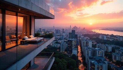 Luxurious High-Rise Condos with Panoramic Sunset City Views Modern Architecture, Sleek Design, and Resort-Style Amenities Perfect for Real Estate Marketing