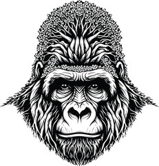 Gorilla Portrait with Tree Branches and Blossoms Forming Hair and Crown on White Background primate