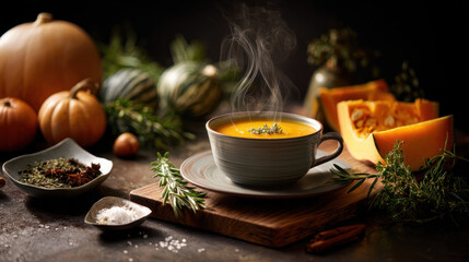 A steaming bowl of pumpkin soup on a rustic wooden table, perfect for holiday preparation.