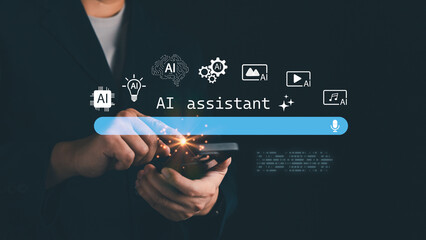 Modern concept of AI assistant with business person using smartphone and virtual interface icons. Innovation, artificial intelligence, and digital technology for smart communication