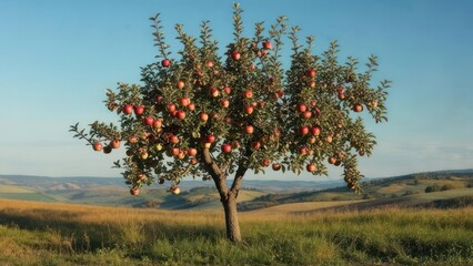 Abundant Apple Tree in a Golden Field Under a Blue Sky.