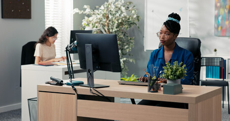 The office is filled with focus and efficiency as two elegant women work in accounting and marketing, entering financial data, preparing invoices, and refining business strategies.