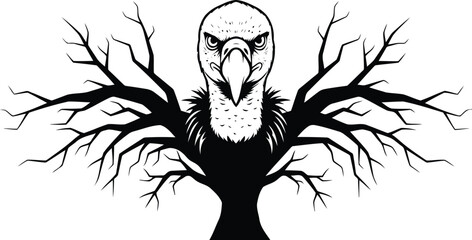 Intense black and white illustration of a vulture's head with outstretched wings resembling bare tree branches
