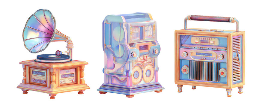 Vintage Audio Devices in Unique Styles with Bright Colors and Transparent Effects