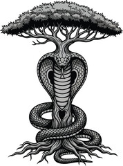 Majestic Cobra Tree Hybrid With Intricate Root System And Lush Foliage In Monochromatic Tones snake