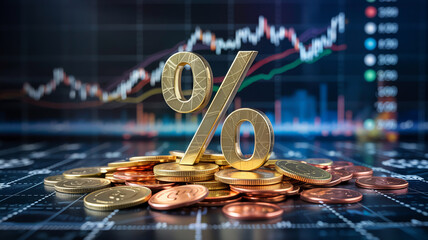 Golden percentage sign on pile of coins with stock market chart background