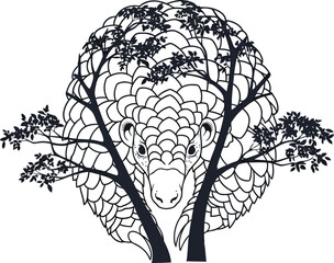 Pangolin with Scaly Body and Head Surrounded by Tree Branches and Leaves on White Background animal