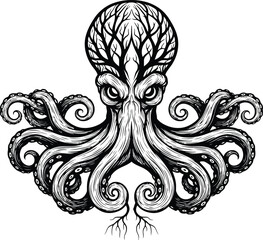 Intricate black and white illustration of an octopus head with a tree growing from its skull and swirling tentacles on a white background