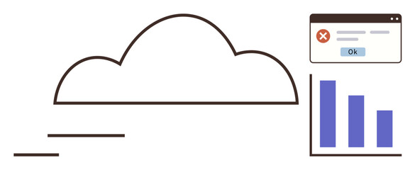 Cloud outline with a pop-up error message and a bar chart visualizing data. Ideal for technology, data management, error handling, business analytics, cloud computing, problem-solving, simple flat