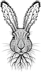 Rabbit Face Formed By Tree Branches Roots And Leaves On White Background bunny hare