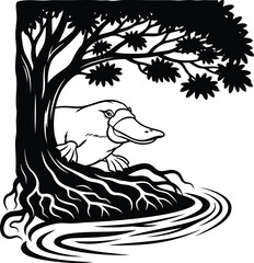 Platypus peeking from behind a stylized tree with intricate roots by the water animal mammal