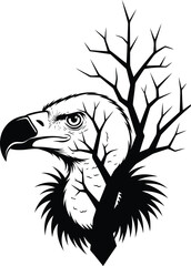 Stylized black and white illustration of a vulture's head emerging from a bare tree trunk and branches, creating a striking silhouette