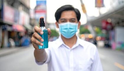 Person in mask sprays hand sanitizer in city street, protection