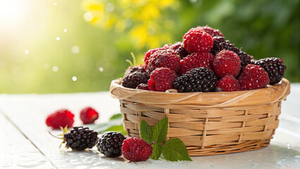 Red Blackberry in wicker basket on tiled surface in garden in natural warm sunlight background