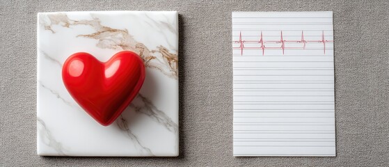 Heart-shaped sculpture on a marble tile next to a blank notepad with an ECG line pattern in a minimalistic setup