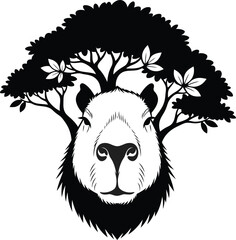 Stylized black and white portrait of a capybara's face emerging from the trunk of a stylized tree with a leafy canopy