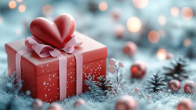 A small red gift box sits atop snow-covered terrain, awaiting its intended recipient