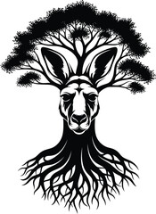 Stylized black kangaroo head with tree branches for antlers and roots for neck and body on white background Keywords: kangaroo, tree, roots, branches, head, animal, nature, wildlife