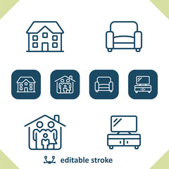 Home Icons. House, Armchair, Family, Household, TV Stand, Real Estate Icon