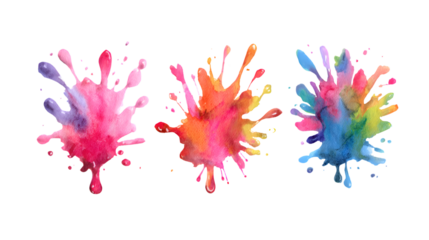 Three watercolor paint splashes design on transparent png background