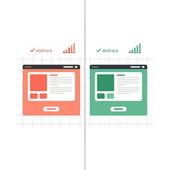 Visual comparison of two web page designs, one red and one green, showing 'abstracts' and performance growth, likely representing A/B testing or data analysis.
